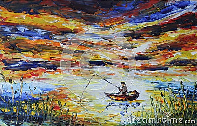 Fisherman in a boat fishing rod, lake, reeds, evening Stock Photo