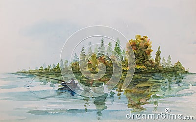 Fisherman in boat float on reflection water surface with autumn colorful foliage island and sky. Hand watercolor art painting Stock Photo