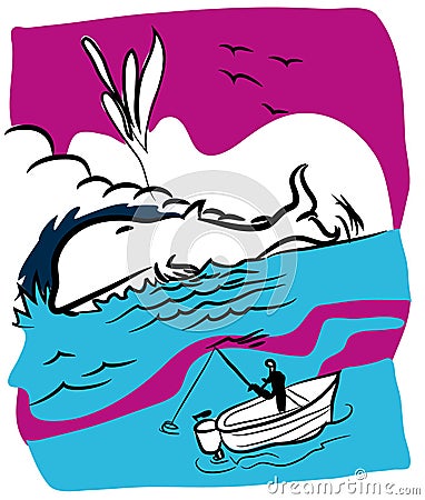 Fisherman and whale Vector Illustration