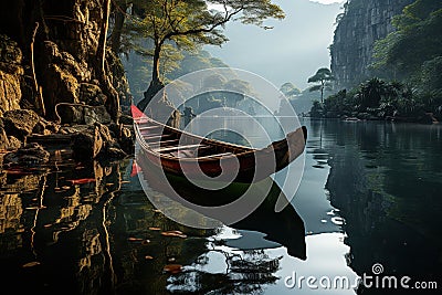 Fisherman boat on the lake in Tam Coc, Ninh Binh, Vietnam, Generative AI Stock Photo