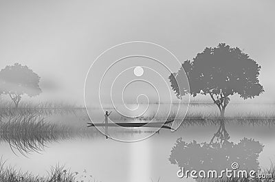 Black and white image of the morning river Stock Photo