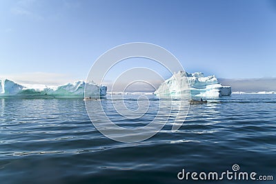 Fisherman boats between Icebergs, Greenland Editorial Stock Photo