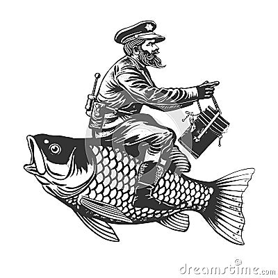 Fisherman captain riding fish sketch vector Vector Illustration