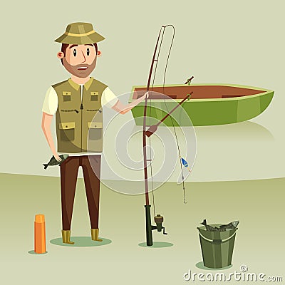 Fisherman with catch of crucian in bucket, rod or spinning with reel and angle or hook, float or bobber. Vector Illustration