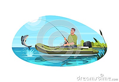 Fisherman catch fish semi flat vector illustration Vector Illustration