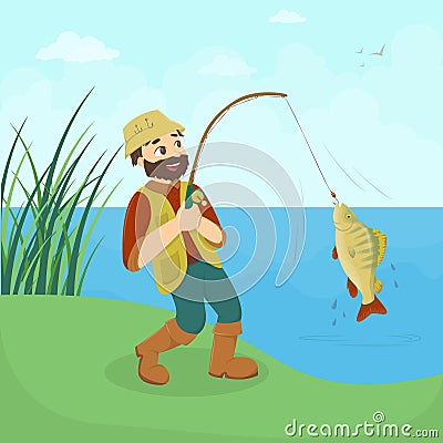 Fisherman catches fish. Vector Illustration