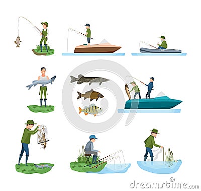 Fisherman catches fish from shore, boat, shows catch, types fish. Vector Illustration