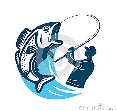 Fisherman catching big fish emblem. Sport fishing, outdoor activities logo or badge. Vector illustration symbol Vector Illustration