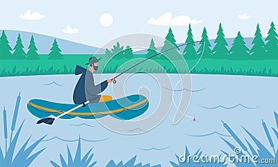 Fisherman catching fish with fishing rod on lake or river. Fisher with rod on boat, summer outdoor leisure activity Vector Illustration