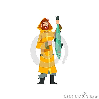 Fisherman Caught Big Fish, Fishman Character in Raincoat and Rubber Boots Vector Illustration Vector Illustration