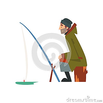 Fisherman Character Wearing Warm Clothing Sitting on Shore with Fishing Rod, Man Fishing on Frozen River Vector Vector Illustration