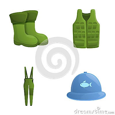 Fisherman clothing icons set cartoon vector. Various item of fisherman clothes Vector Illustration