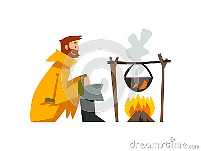 Fisherman Cooking Fish Soup in Cauldron Over Bonfire, Bearded Fishman Character in Raincoat and Rubber Boots Vector Vector Illustration