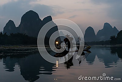 Fisherman cormorant Li river, Guilin Yangshuo Guangxi China Editorial Stock Photo