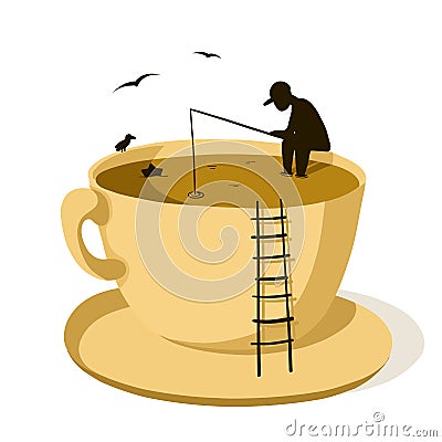 Fisherman in the cup of coffee, concept clipart, vector illustration with cartoon character Vector Illustration