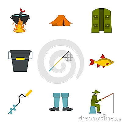 Fisherman equipment icons set, flat style Vector Illustration