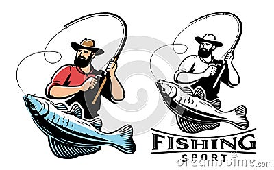 Fisherman with fish emblem. Sport fishing, angling logo. Vector illustration isolated on white background Vector Illustration