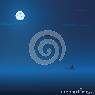 Fisherman and fishing boat at night. Dark Vector Illustration