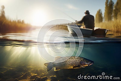 fisherman with fishing rod in the boat and fish underwater. split view over under water Stock Photo