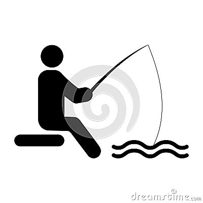 Fisherman with Fishing Rod on Coast River Black Silhouette Icon. Fisher Man Bait Lake Fish Glyph Pictogram. Summer Vector Illustration