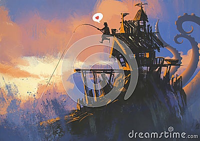 Fisherman with a fishing rod has a big catch Cartoon Illustration