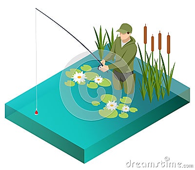Fisherman with a fishing rod. Isometric fisherman with a fishing rod is fishing on a lake or river. Fisherman stands in Vector Illustration