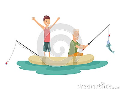 Fisherman flat icons. Fishing people with fish and equipment vector set. Fishing equipment, leisure and hobby catch fish Vector Illustration