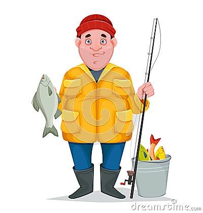 Fisherman with caught fish, funny cartoon character. Vector Illustration