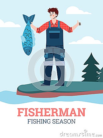 Fisherman hold large catch fish in hand and showing sign thumb up a vector poster Vector Illustration