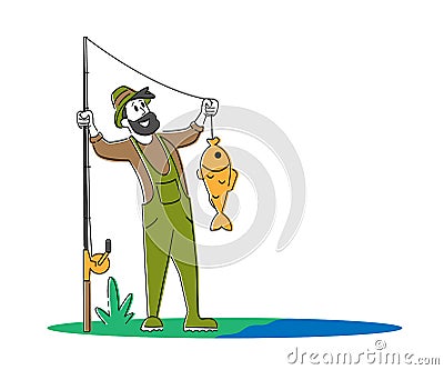 Fisherman Holding Rod Showing Fish he Caught. Fishing, Outdoor Relaxing Summertime Hobby. Fishman Have Good Catch Vector Illustration