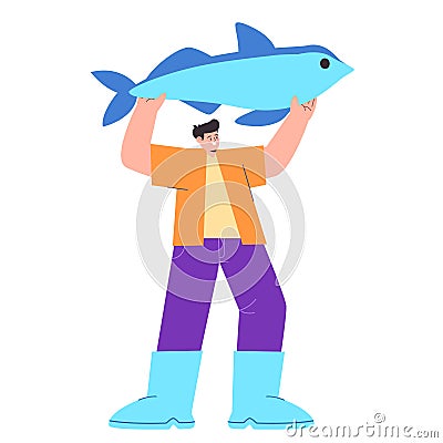 Fisherman holding show big fish tuna vector drawing illustration colorful Vector Illustration