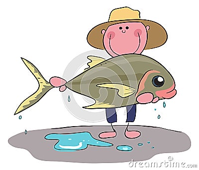 Fisherman holding up his catch Cartoon Illustration