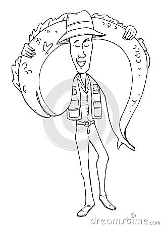Fisherman with huge fish. Funny cartoon character. Vector Illustration