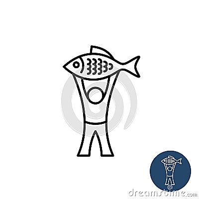 Fisherman icon. Happy man with big fish black linear style logo. Vector Illustration