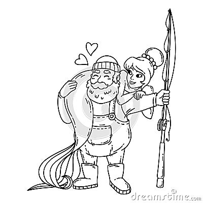 Fisherman with mermaid. Coloring page Stock Photo