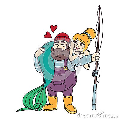 Fisherman with mermaid Cartoon Illustration