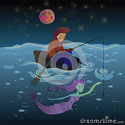Fisherman and mermaid under the moon Vector Illustration