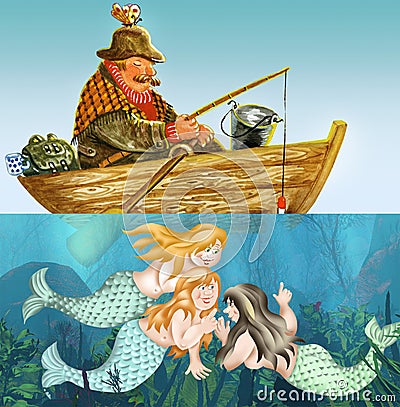 Fisherman and mermaids Stock Photo