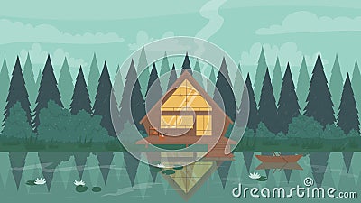 Fisherman modern wooden stilt house in forest, mountain landscape, water of lake or river Vector Illustration