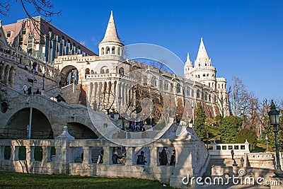 Fisherman`s Bastion in the Hungarian capital city. One of the best-known monuments in town, built in Neo-Romanesque style Editorial Stock Photo