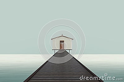Fisherman's Minimalistic Sea House with a Wooden Pedestrian Bridge. 3d Rendering Stock Photo