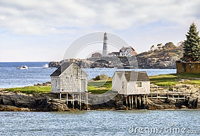 Fishermanâ€™s Point and Portland Head Lighthouse Stock Photo