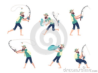 Fisherman. Sailor hobby summer fishing on river exact vector cartoon illustrations Vector Illustration