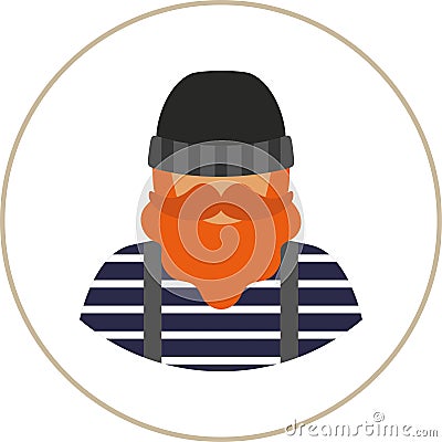 Fisherman/sailor man flat icon - a man with a mustache a beard wearing an in vest and overalls jumpsuit and knit hat. Vector Illustration