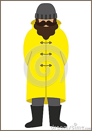 Fisherman/sailorman flat icon - a man with a mustache a beard wearing an in a trench coat raincoat boots and knit hat. Vector Illustration