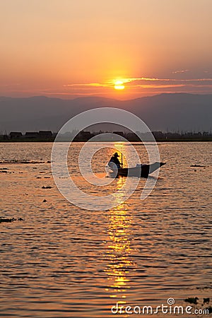 Fisherman silhouette in Inle Lake Editorial Stock Photo