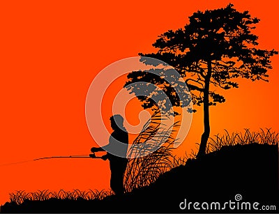 Fisherman silhouette at orange sunset Vector Illustration