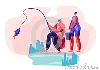 Fisherman Sitting on Coast of Pond Catching Fish, Woman Stand with Bucket. People Relaxing on Nature, Weekend Leisure, Family Vector Illustration