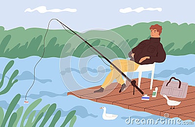 Fisherman sitting with fishing rod and watching at float in lake. Fisher catching fish at wooden dock. Young man Vector Illustration