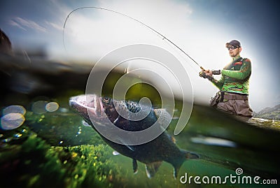 Fisherman and trout, underwater view. Stock Photo